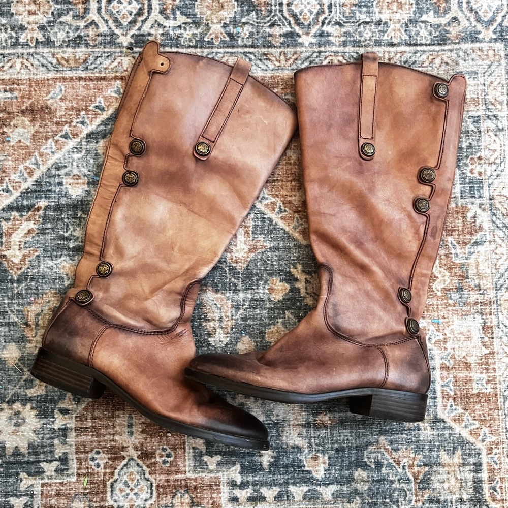 Arturo Chiang Brown Leather Knee-High Boots with Button Accents
